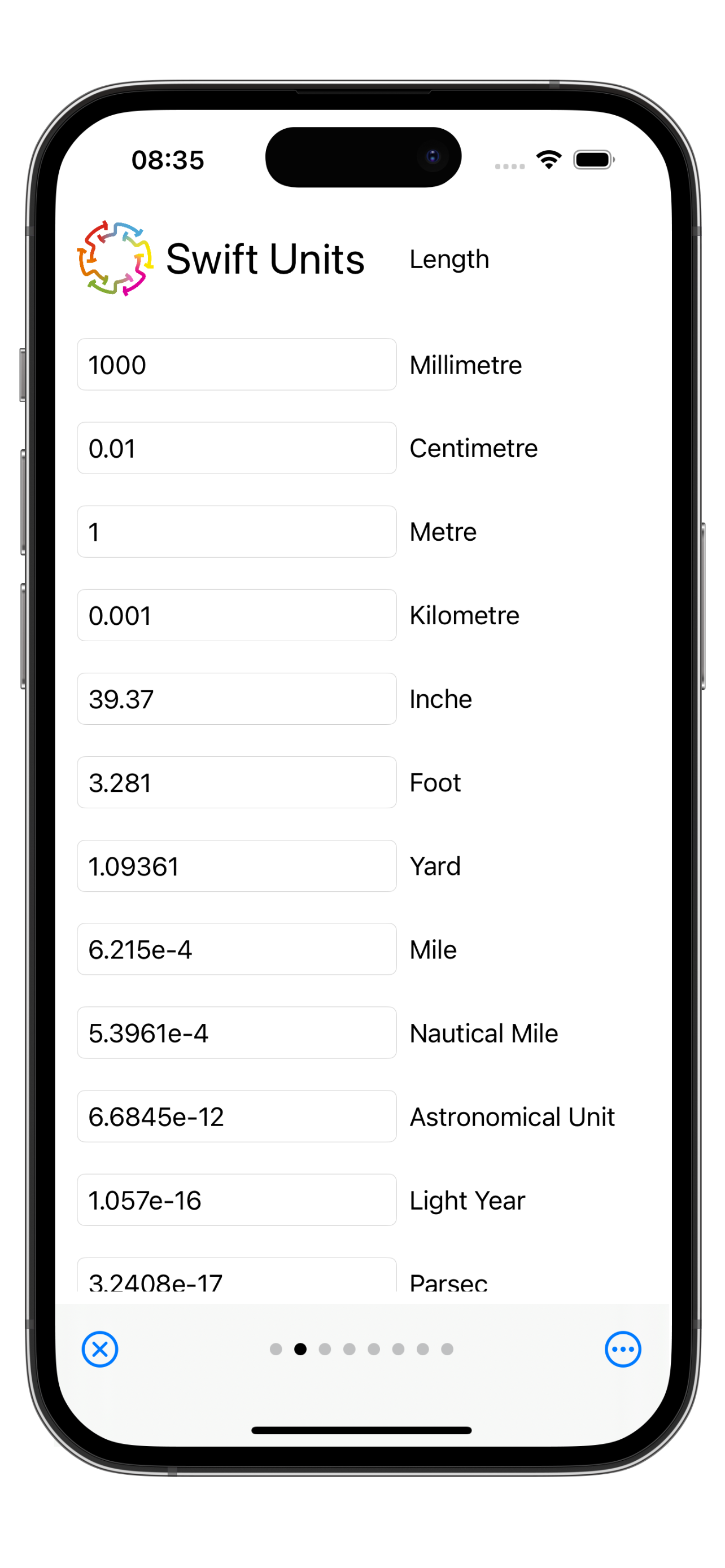 Swift Units length conversion screen